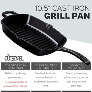 Cast Iron Square Grill Pan + Glass Lid - 10.5" Pre-Seasoned Ridged Skillet + Handle Cover + Pan Scraper - Grill, Stovetop, Fire Safe - Indoor and Outdoor Use - for Grilling, Frying, Sauteing