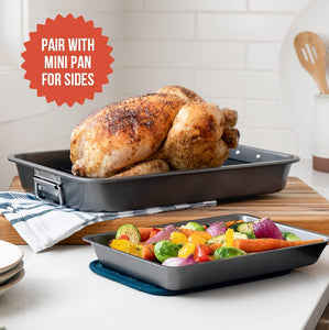 Chef Pomodoro Nonstick Carbon Steel Large Roasting Pan with Rack,Turkey Roasting Pan, Roaster Pan for Oven, Turkey Roaster Pan, Roaster Bakeware Grey
