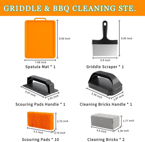 Image of Cleaning Kit for Blackstone, Flat Top Grill Accessories Cleaner Tool Set- 1 Griddle Scraper, 2 Grill Stone, 1 Heat-Resistant Silicone Spatula Mat, 12 Scouring Pads and 2 Handle, Total 18Pieces