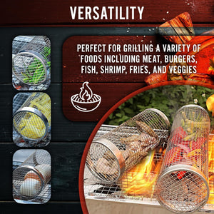 2PCS Rolling Grilling Baskets - Stainless Steel BBQ Net Tube, Portable Outdoor Camping Grill, round Charcoal Grill Basket for Vegetables, Fries, Fish, Shrimp, Meat - 11.8X3.5X3.5, Ultimate Grilling Accessory