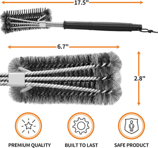 NEXCOVER BBQ Grill Brush – 18” Barbecue Cleaning Brush, Stainless Steel Grill Grate Cleaner, Safe Wire Scrubber, 3 in 1 Bristles BBQ Brush, Triple-Headed BBQ Tools, Grill Accessories for Grill Grates