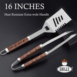 30Pcs BBQ Grill Tool Set for Men Dad, Heavy Duty Stainless Steel Grill Utensils Set, Non-Slip Grilling Accessories Kit with Thermometer, Mats in Aluminum Case for Travel, Outdoor Brown
