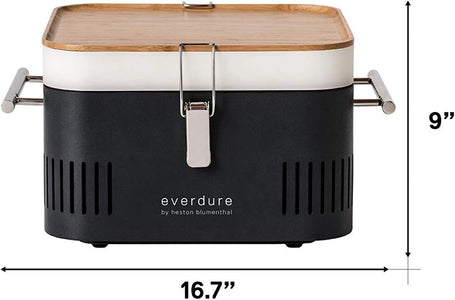 Everdure CUBE Portable Charcoal Grill, Tabletop BBQ, Perfect Tailgate, Beach, Patio, or Camping Grill, Lightweight & Compact Small Grill with Preparation Board & Food Storage Tray, Graphite