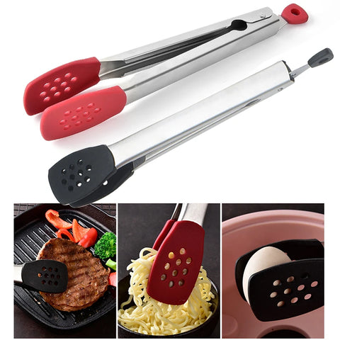 Image of 26Cm Silicone Food Tong Stainless Steel BBQ Grilling Tong Salad Cake Dessert Serving Food Tongs Barbecue Clips Kitchen Tool