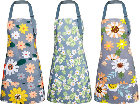 Image of 3 Pack Floral Aprons with Pocket, Blooming Womens Aprons Waterproof Adjustable Cooking Aprons for Kitchen Gardening and Salon