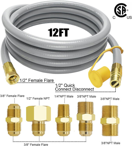 Image of NQN 12FT 1/2" ID Natural Gas Hose with Quick Connect Fitting for BBQ, Grill, Pizza Oven, Patio Heater. for Weber, Char-Broil, Pizza Oven, Patio Heater,Ng Grill and Natural Gas Conversion Kit