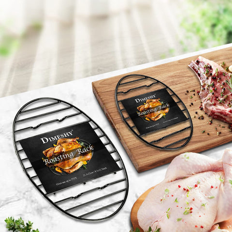 Image of DIMESHY Roasting Rack, Black with Integrated Feet, Enamel Finished, Nonstick, Fit for 15 Inches Oval Roasting Pan, Safety, Dishwasher, Great for Basting, Cooking, Drying, Cooling Rack. (12.5”X 8.5”)