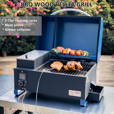 Image of Onlyfire BBQ Wood Pellet Grill Smoker with Digital Control, LED Screen, Meat Probe & 2 Tiers Cooking Area, Portable Tabletop Grilling Stove for BBQ, Smoke, Bake and Roast, RV Camping, Blue