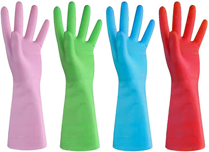 Dishwashing Rubber Gloves for Cleaning – 4 Pairs Household Gloves Including Blue, Pink, Green and Red, Non Latex and Fit Your Hands Well, Great Kitchen Tools