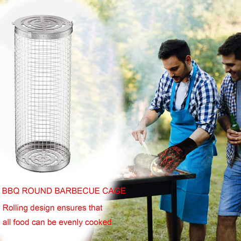Image of 2 PCS Rolling Grilling Basket,Bbq Grill Basket,Stainless Steel Wire Mesh Cylinder Grill Basket Portable Outdoor Camping Versatile Rolling Grill Basket (2Pcs Small)