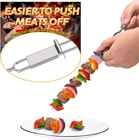 Image of Lallisa Kabob Skewer for Grilling, Metal Stainless Steel BBQ Stick with Push Bar, Double Pronged Kebab Tool Quick Release Meat, Chicken, Vegetable and Fruit (6 Pieces), 2.8 X 32.5 Cm/ 1.1 12.8 Inch