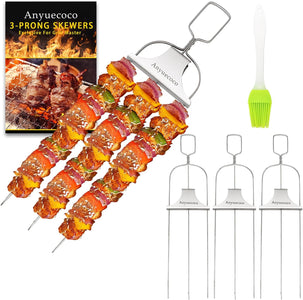 Anyuecoco Skewers for Kabobs,14 Inch 3-Prong Kabob Skewers for Grilling,Stainless Steel Skewer,With Push Bar Reusable Metal Skewer,Kabob Sticks,Perfect for Meat,Chicken,Sausages,Veggies,Shrimp (2 Pcs)