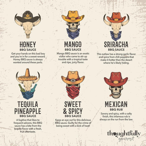 Image of Thoughtfully Gourmet, Wild Western-Themed BBQ Sauce and Rubs Book Gift Set, Includes Honey BBQ, Montreal BBQ Rub & More, Great Gift for Men, Set of 12