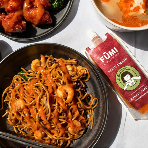 Image of FŪMI Japanese Garlic Hot Chili Sauce - Exotic Blend of Garlicy, Spicy, Umami, and Sweet Flavors - Hot Sauce for Wings, Noodles, Pizza, & More - Foodie Gifts, Hot Sauce Gifts - 3.2Oz Easy Squeeze Pouch