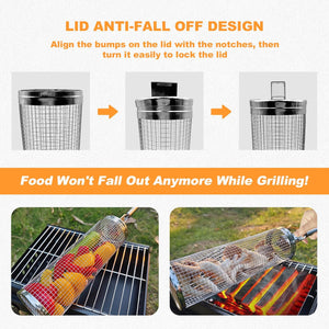 DETEIN 2PACK Rolling Grill Basket with Easy-Rolling Handle, BBQ Grill Basket Cylinder for Outdoor Grill, Cylinder Grill Basket for Veggies Portable round Tube Grill for Vegetables, Peppers, Meat