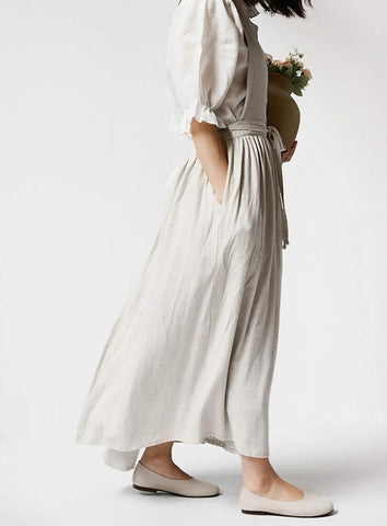 Image of Pleated Cotton Long Apron X Back Kitchen Garden Florist Work Clothes Bib Dress