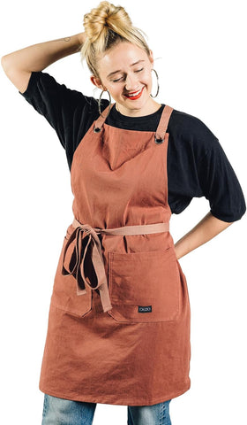 Image of Crossback Kitchen Apron for Cooking - Mens and Womens Professional Chef or Server Bib Apron - Adjustable Crossback Style - Rustic- Midweight Cotton (Terracotta)