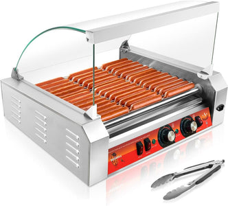 1670W Hot Dog Roller Machine/Sausage Grill with Dust Cover,Stainless Steel 11 Rollers 30 Hot Dog Roller Grill Cooker Machine with Dual Temp Control and LED Light/Detachable Drip Tray