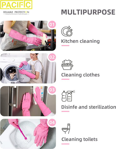 Image of PACIFIC 2 Pairs Dishwashing Cleaning Rubber Gloves, Reusable Waterproof Kitchen Gloves, Non-Slip, Small