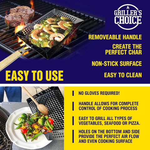 Image of Griller'S Choice Rectangular Grill Basket with Removeable Handle - Large Non-Stick Commercial Basket with Handle for Outdoor Grilling. Designed by Chef, BBQ Judge. BBQ Grill Accessory Grill Pan.