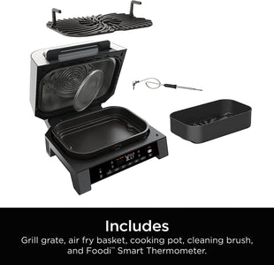 DG551 Foodi Smart XL 6-In-1 Indoor Grill with Air Fry, Roast, Bake, Broil, & Dehydrate, Foodi Smart Thermometer, 2Nd Generation, Black/Silver