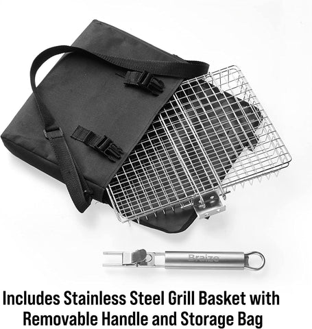 Image of Braize Grill Basket with REMOVABLE HANDLE, Fish Grill Basket - Accessories for Outdoor Grill, Cooking Accessories, Bbq Grill. Grilling Grilling Set Camping Gear Accessories.