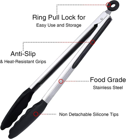 Image of Kitchen Tongs Set of 3, Black Cooking Tongs with Silicone Tips, Stainless Steel Serving Tongs, Non-Stick Non-Scratch Heat Resistant Tongs for Grilling Cooking BBQ Buffet Salad (Black, 7/9/12 Inch)
