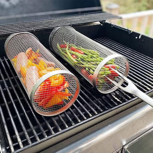 Grill Basket 2PCS Rolling Grilling Baskets for Outdoor Grilling,Bbq Net Tube Stainless Steel, Greatest Grilling Basket Ever round Grill Basket Portable Grill Outdoor Camping Barbecue for Vegetables,Fries,Fish(7.9"X3.5"X3.5")