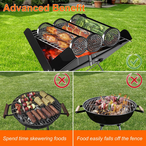 Image of Grill Basket 2 PCS, BBQ Grill Basket, Rolling Grilling Basket, Stainless Steel Rolling Grill Baskets with Oil Sprayer, Greatful Grill Accessories for Shrimp, Meat, Vegetables, Fries
