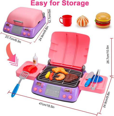 Image of Kids BBQ Grill Playset with Smoke Sound Light Play Kitchen Set Age 3-5 4-8 Pretend Food Barbecue Cooking Toy for 2 3 4 5 6 Year Old Girl Birthday Gift