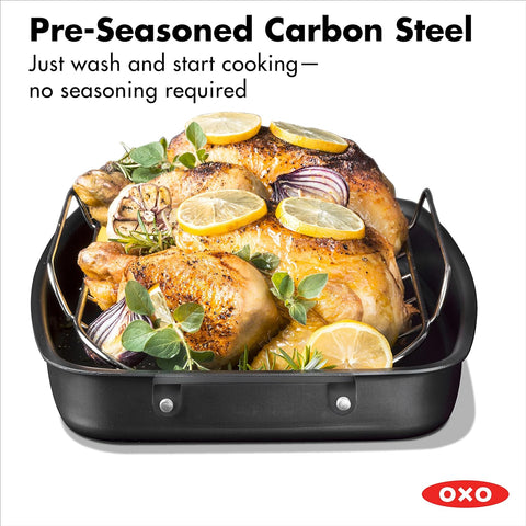 Image of OXO Obsidian Pre-Seasoned Carbon Steel, 15" X 10.5" Roasting Pan with Stainless Steel Roaster Rack, Induction, Black