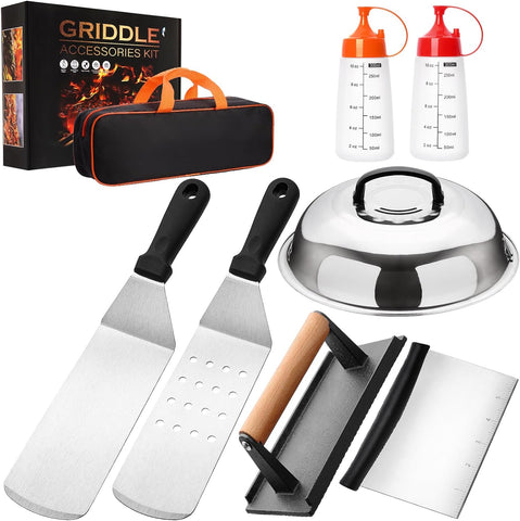 Image of 8PCS Blackstone Griddle Accessories Tool Kit, AIKWI Flat Top Grill Professional Grade Set, Included Cheese Melting Dome, Burger Press, Chopper, Bottles & Carry Bag, Perfect for Outdoor, Indoor, BBQ