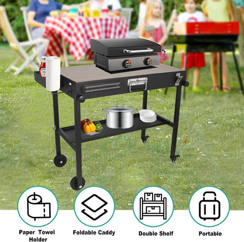 Image of Portable Grill Table for Blackstone Griddle,Foldable Outdoor Grill Cart with 4 Wheels for Blackstone 17" or 22", Grill Table Stand, Double-Shelf with Spice Tray for Patio, Backyard