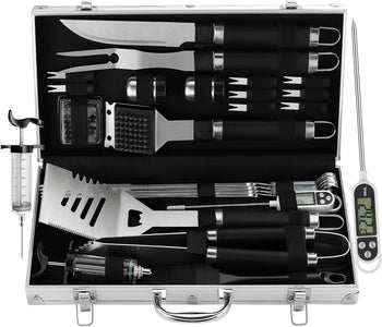 24PCS BBQ Grill Tools Set with Meat Thermometer and Injector - Extra Thick Stainless Steel Fork, Spatula& Tongs - Complete BBQ Accessories in Aluminum Case - Perfect Grill Gifts for Men
