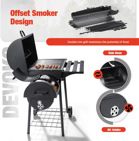 Image of Devoko Charcoal Grill, Outdoor BBQ Grill with Offset Smoker and Side Table for Patio, Garden and Parties