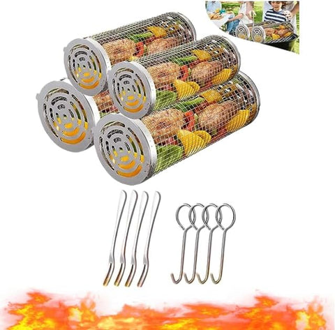 Image of Raepperhan Rolling Grilling Basket, BBQ Grill Basket, Stainless Steel Rolling Grilling Basket, Outdoor Rolling Grilling Baskets for Fish Shrimp Meat Vegetables Fries (2P Is Big +2P I2P Is Big +2P Is Smalls, 4 PCS)
