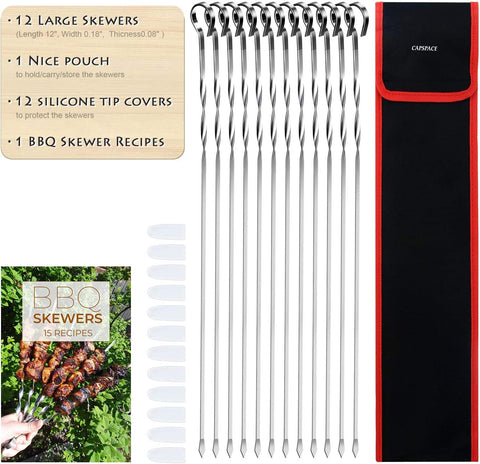 Image of Metal Skewers for Grilling 12 Inch - 12 Pack Skewers for Kabobs, BBQ Skewers, Shish Kabob Skewers, Flat Stainless Steel Barbecue Skewers Grill Stick Set for Meat, Chicken, Shrimp, Fruit, Vegetables