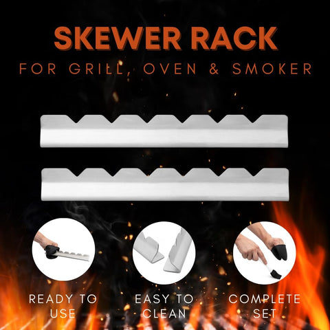Image of RIMCROW Kabob Rack for Grill, Oven or Smoker; Holds Shish Kebab Skewers for BBQ; Stand Is Compatible with Round, Flat, Metal, or Bamboo Skewer Sticks; Includes Basting Brush and Silicone Mitt