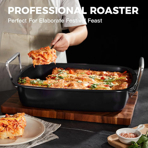 Image of HONGBAKE Nonstick Turkey Roasting Pan with Rack - 17 × 13 Inch Large Roasting Pan Lasagna Pan for Thanksgiving, Christmas - Professional Turkey Roaster Pan with Rack for Oven