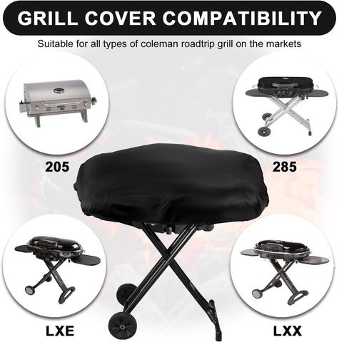 Image of BBQ Grill Cover, Black BBQ Cover Portable Grill Cover Waterproof BBQ Grill Cover Compatible with Coleman Roadtrip LXX, LXE and 285, Adjustable Grill Cover