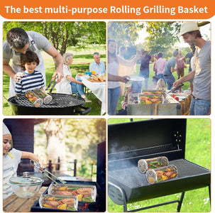 Grilling Basket 2 PCS,BBQ Grill Basket Stainless Steel Grill Mesh,Rolling Grilling Baskets for Outdoor Grilling Non-Stick Surface, Portable Grilling Basket for Fish and Vegetables (Small)
