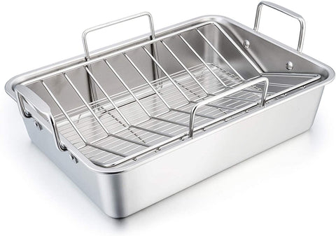 Image of Teamfar Roasting Pan, 15 Inch Large Turkey Roaster Lasagna Pan with V Rack & Cooling Rack Set Stainless Steel for Thanksgiving Christmas, Healthy & Heavy Duty, Deep Side & Dishwasher Safe - 3 PCS
