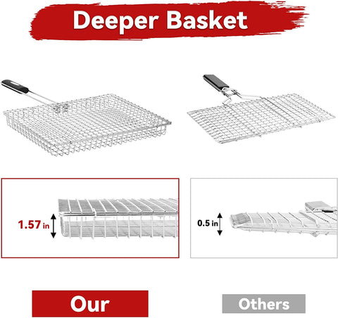 Image of Grill Basket Extra Large,Grill Accessories for Outdoor Grill,Grilling Gifts for Men,Fish Grill Basket, Shrimp Vegetable, Veggie, Barbecue BBQ Rack, Camping Cooking, Unique Detachable Handle