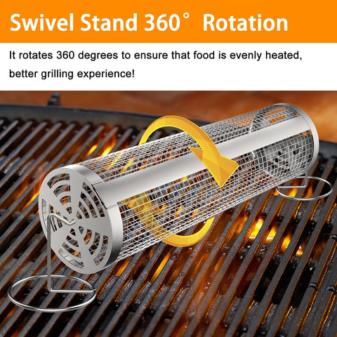 Image of Grill Basket-Rolling Grilling Baskets, BBQ Prep Tub, Stainless Steel Non-Stick round Grill Grate Portable BBQ Net Tube for Outdoor Grilling Picnics Veggies Camping 4PCS