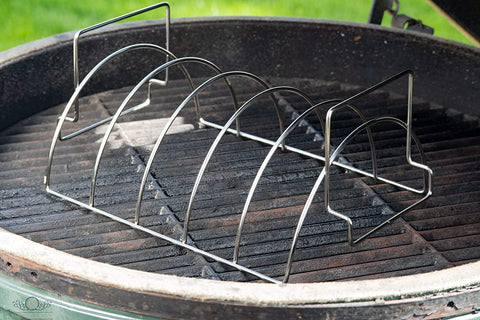 Image of Large 5 Slot Stainless Steel Rib Rack 13.6L X 9.4W X 5.9H Size and 2In1 Design Will Hold Full Rack of Ribs or Chicken. Our Stand Fits Most Grills, Bbqs, Smokers or Ovens Larger than 16" in Diameter