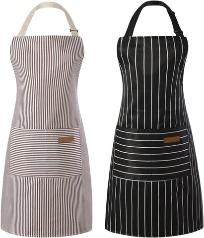 Image of 2 Pieces Kitchen Cooking Aprons, Cotton Polyester Blend Adjustable Bib Aprons with 2 Pockets for Women Men Chef Chef (Black/Brown Stripes, 2)