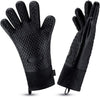BBQ Gloves, Heat Resistant Silicone Grilling Gloves, Long Waterproof BBQ Kitchen Oven Mitts with Inner Cotton Layer for Barbecue, Cooking, Baking, Smoker(Black)