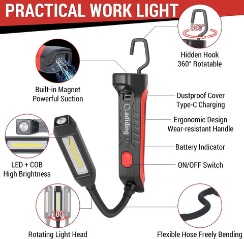 Image of Work Light, 2600Mah Rechargeable Gooseneck LED Work Light,1000Lm 3 Modes Portable Flashlight,180° Rotate 360° Bend Mechanic Light with Magnetic Base and Hook for Repairing/Under Hood/Emergency
