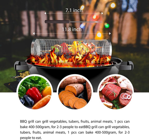 Image of Rolling Grilling Basket for Outdoor Grill Bbq Net Tube Stainles Steel Large round Mesh Rotation Barbecue Cylinder Cage Cooking Accessories for Veggie, Fish, Meat, Camping for Enthusiasts, Gift for Men