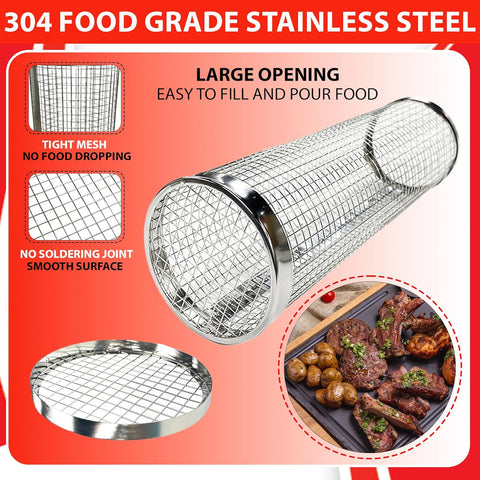 Image of Sunmikosh Rolling Grilling Basket - Barbecue Portable Roll Grill Basket for Outdoor Camping - Stainless Steel BBQ Net Tube Grill Basket, Suitable for Fish, Kabob, Meat, Vegetables, French Fries